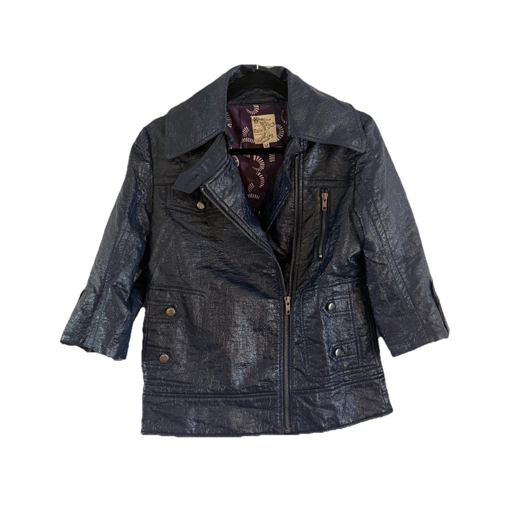 Anthropologie Tulle Metallic Faux Leather Moto Jacket Medium Blue Purple Lining